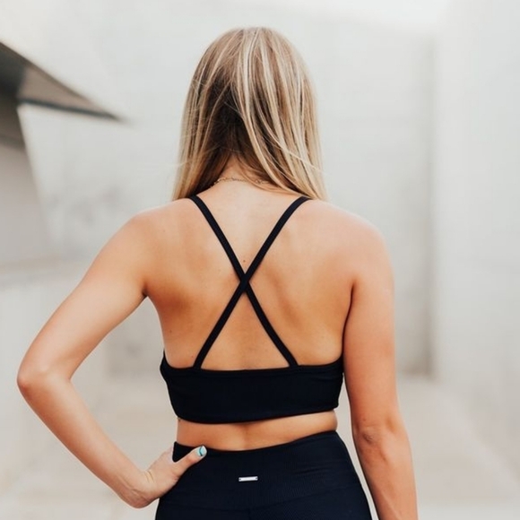 Black Ribbed Cross Back Straps Sports Bra - Picture 6 of 6
